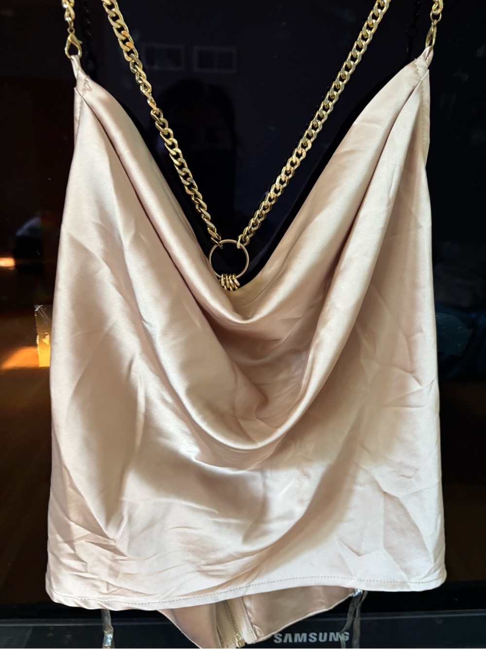 AKIRA Champagne Satin Top with Gold Chain Detail - Picture 3 of 8